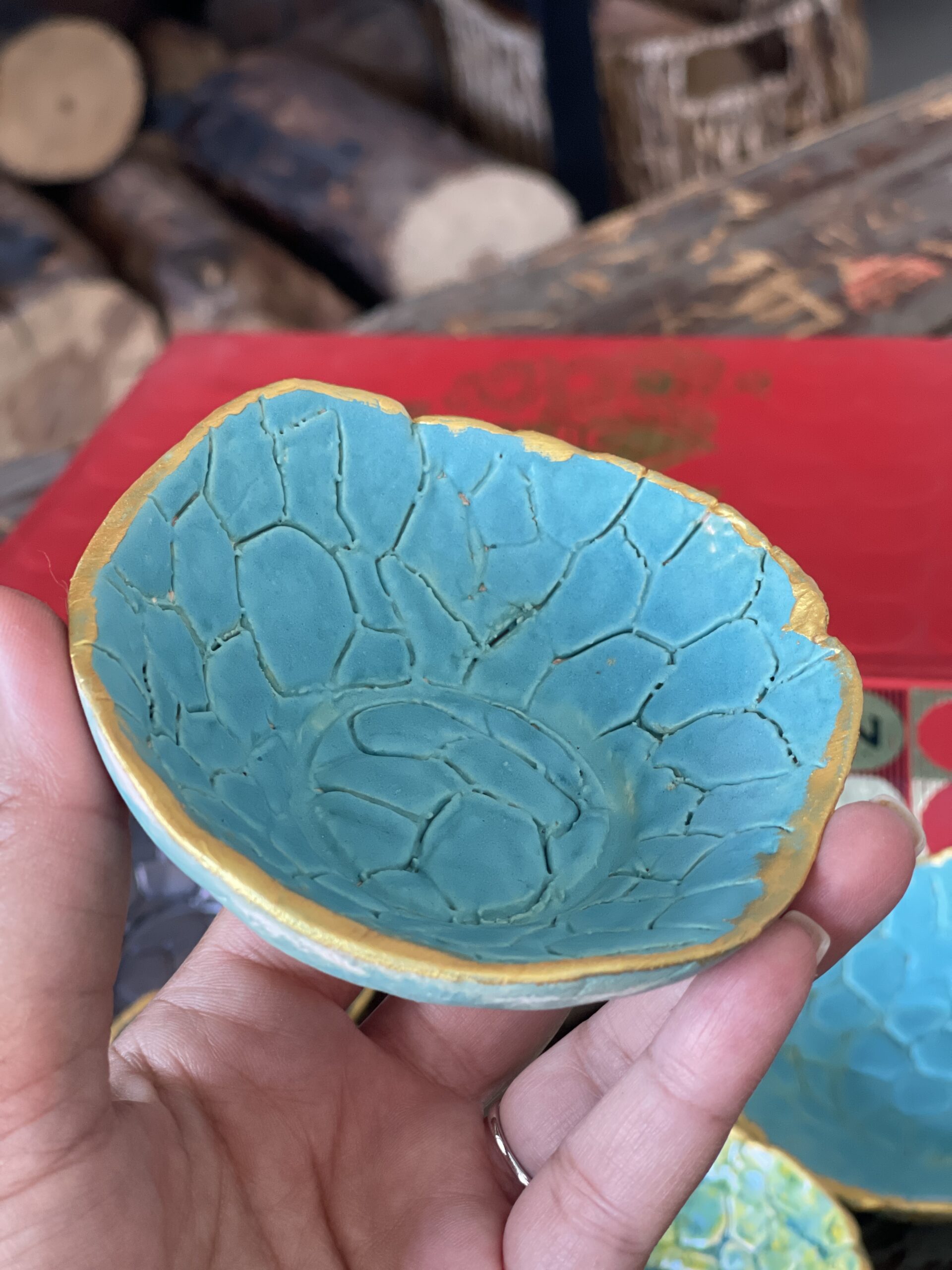 6 petites assiettes en céramique, fait main, vert, bleu, marron, à usages multiples – Image 7