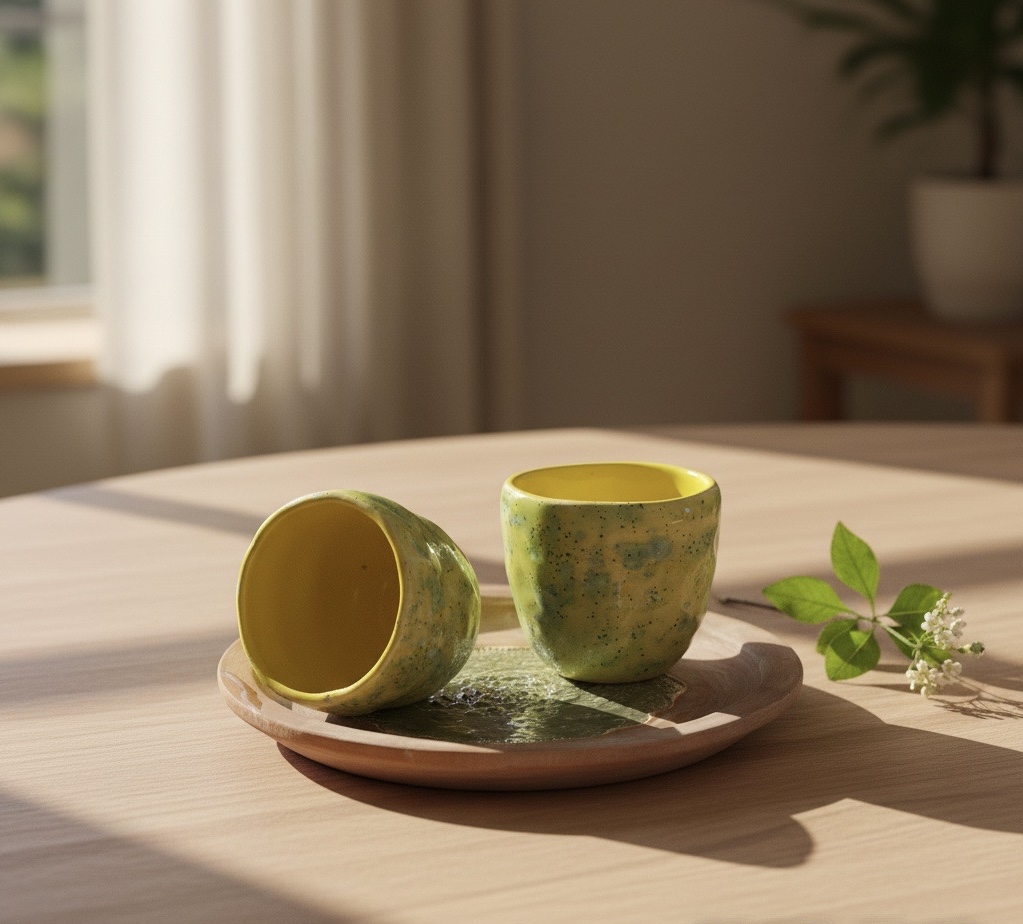 2 tasses en céramiques accompagnées d’une assiette assortie fait main. – Image 8