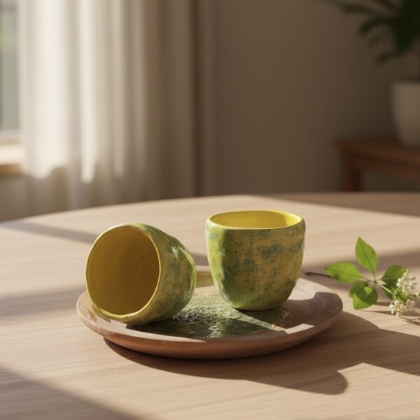 2 tasses en céramiques accompagnées d’une assiette assortie fait main.