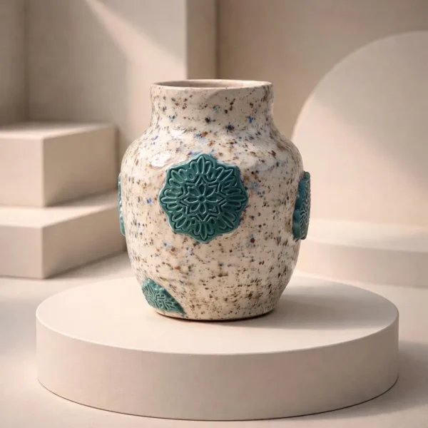 Pot en céramique fait main, reliefs en couleurs chaude et froide, nostalgique et modernité