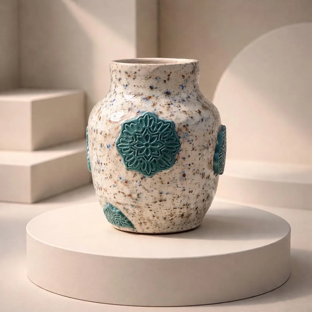 Pot en céramique fait main, reliefs en couleurs chaude et froide, nostalgique et modernité