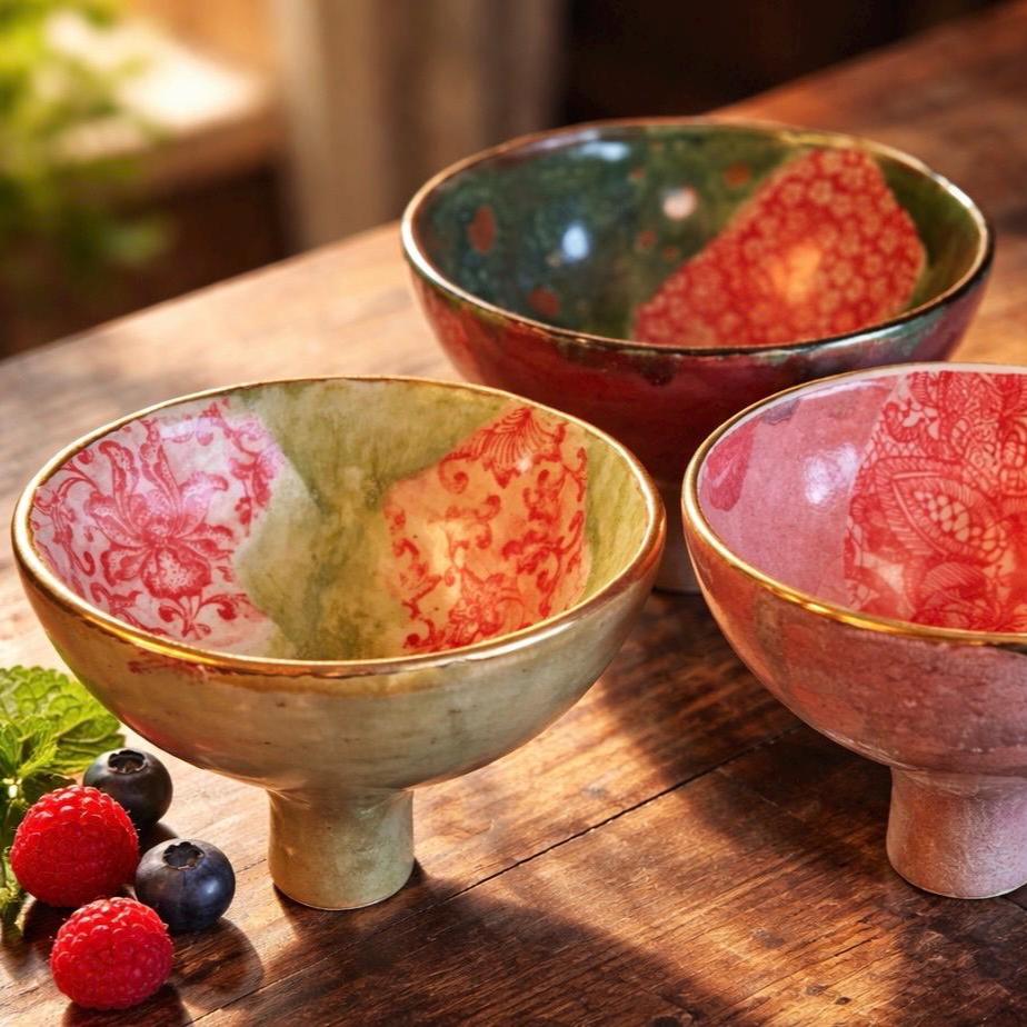 3 bols sur pieds en céramique fait main. Poterie décorative aux couleurs uniques, servir fruits secs, amuse bouche, chocolats – Image 6