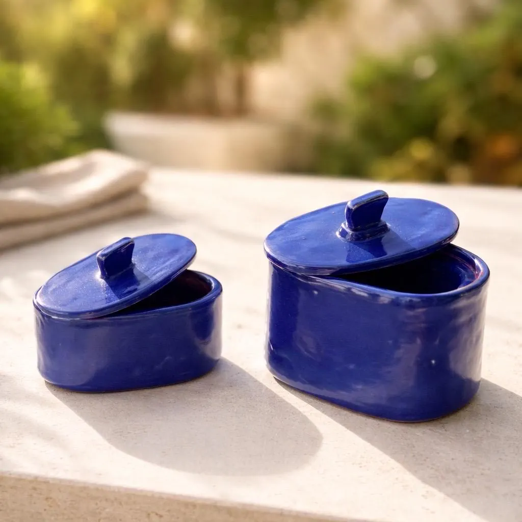 Duo pots en céramique haute qualité faits main bleu azur. Pots décoratifs artisanaux pour sucre, thé, café, chocolats. – Image 2