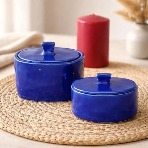 Duo pots en céramique haute qualité faits main bleu azur. Pots décoratifs artisanaux pour sucre, thé, café, chocolats.