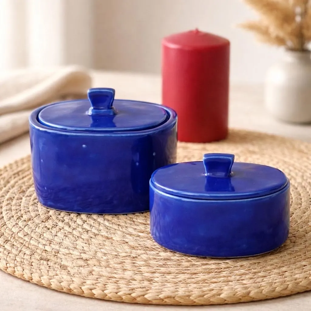 Duo pots en céramique haute qualité faits main bleu azur. Pots décoratifs artisanaux pour sucre, thé, café, chocolats.