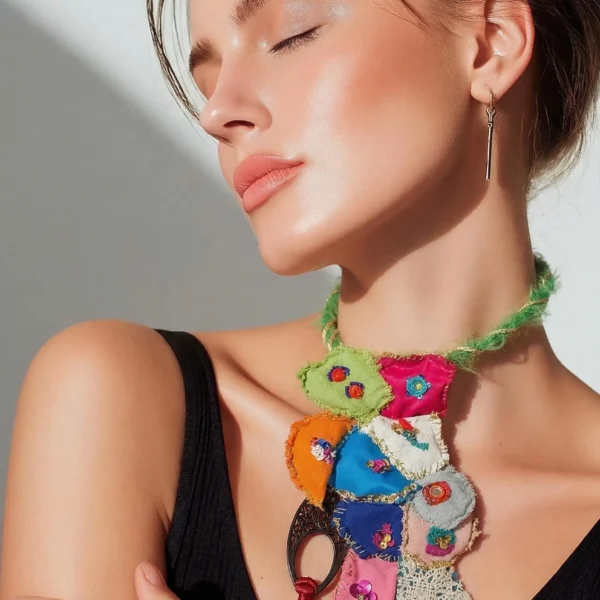 Collier textile artisanal cousu main – Patchwork de tissus & sequins soigneusement choisis, bijou bohème coloré, pièce unique fait main