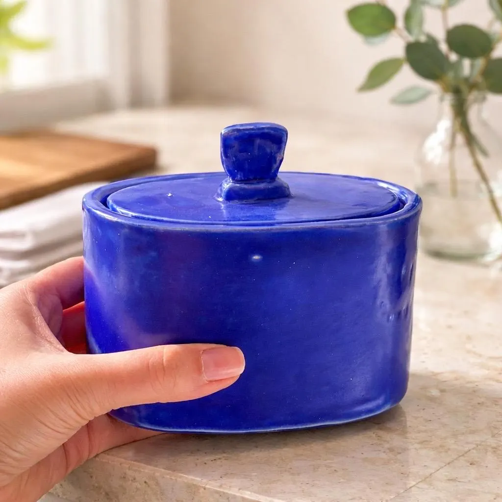 Duo pots en céramique haute qualité faits main bleu azur. Pots décoratifs artisanaux pour sucre, thé, café, chocolats. – Image 4