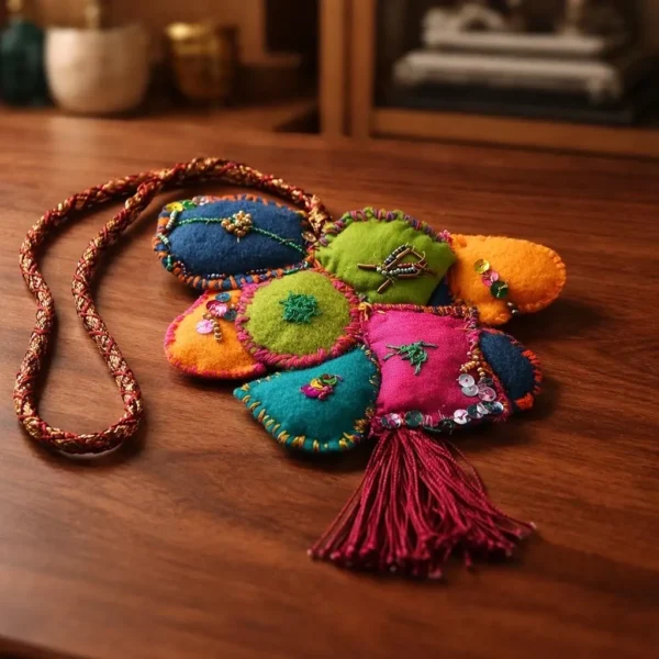 Collier textile fait main en coton et sequins fins. Bijou textile coloré au design élégant, pièce unique. Un véritable bijoux en tissu !