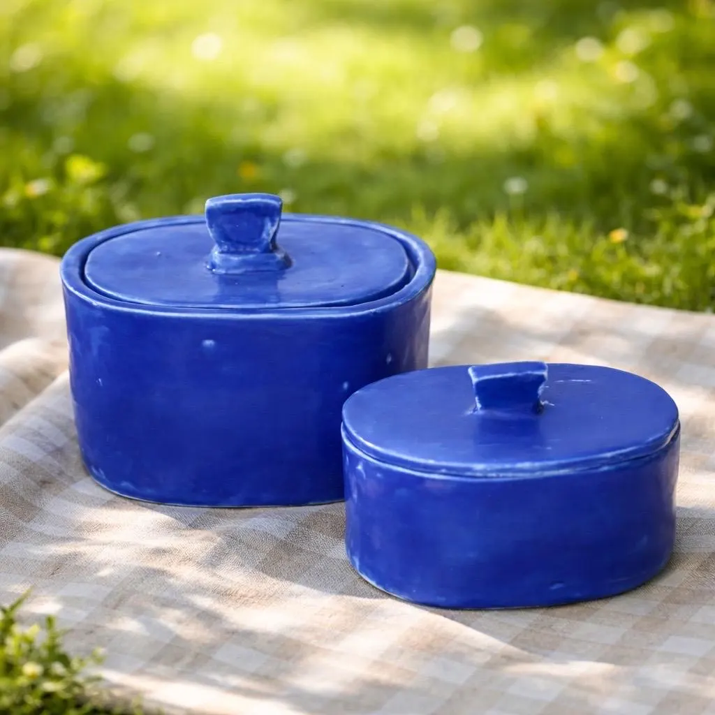 Duo pots en céramique haute qualité faits main bleu azur. Pots décoratifs artisanaux pour sucre, thé, café, chocolats. – Image 5