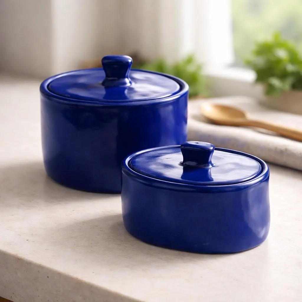 Duo pots en céramique haute qualité faits main bleu azur. Pots décoratifs artisanaux pour sucre, thé, café, chocolats. – Image 6