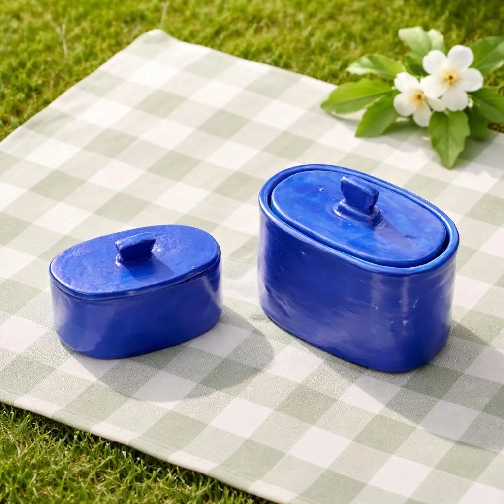 Duo pots en céramique haute qualité faits main bleu azur. Pots décoratifs artisanaux pour sucre, thé, café, chocolats. – Image 7