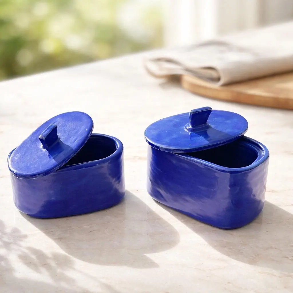 Duo pots en céramique haute qualité faits main bleu azur. Pots décoratifs artisanaux pour sucre, thé, café, chocolats. – Image 9
