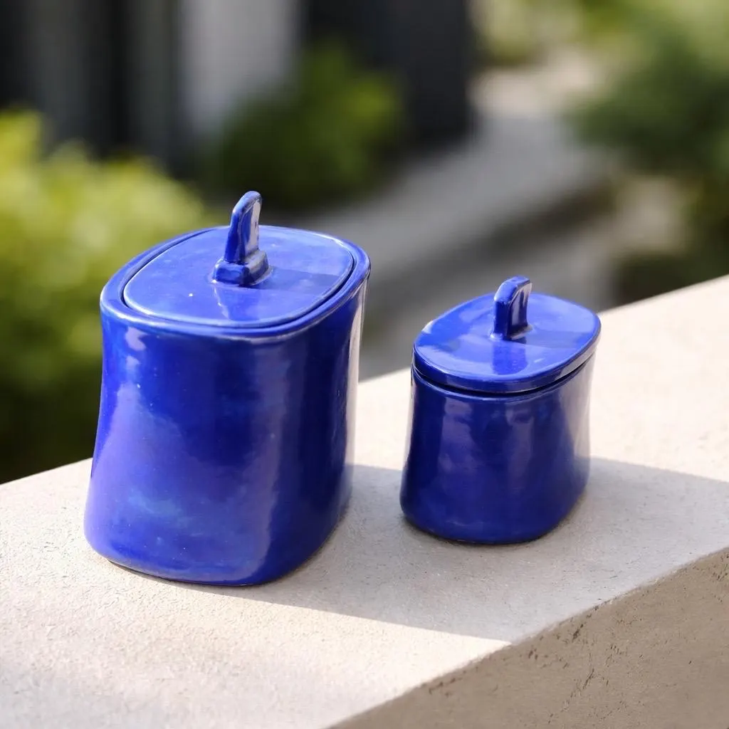 Duo pots en céramique haute qualité faits main bleu azur. Pots décoratifs artisanaux pour sucre, thé, café, chocolats. – Image 10