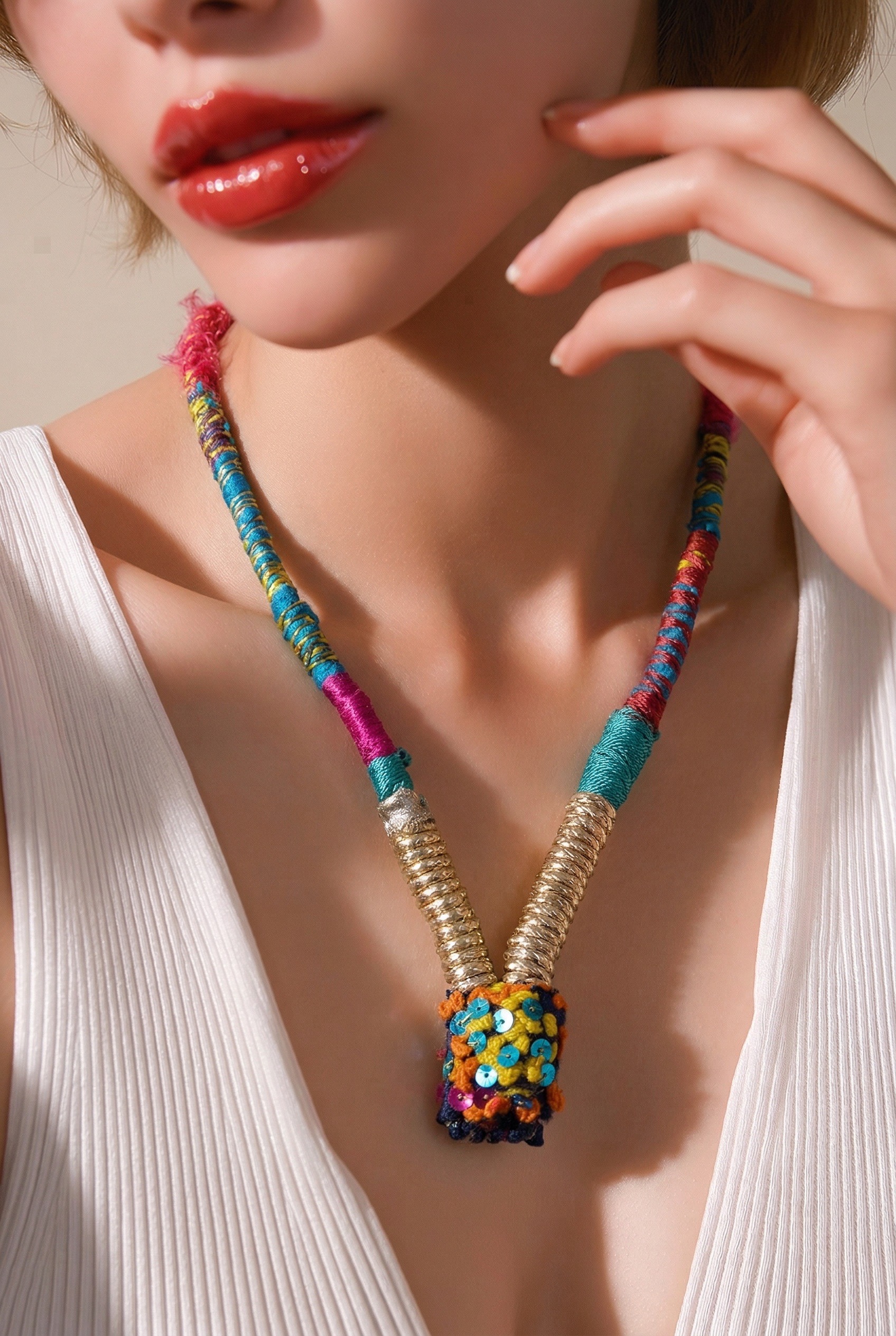 Collier artisanal fait main avec sequins colorés et fils tissés. Bijou textile unique, bohème chic. – Image 4