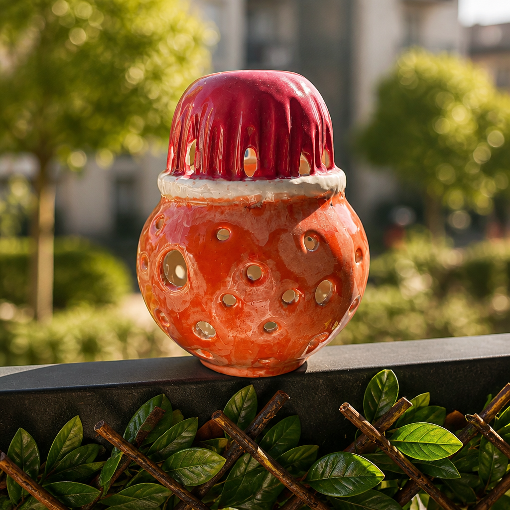 Bougeoir en céramique fait main. Photophore artisanal ajouré, céramique émaillée rouge et corail. Décoration lumineuse. – Image 2