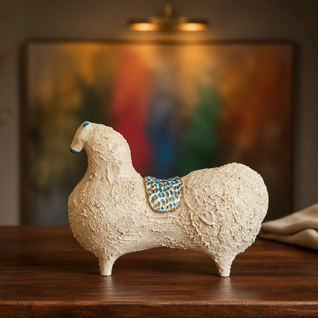 Sculpture cheval perse en céramique. Pièce artisanale unique blanc texturé, bleu azur & or – Image 2
