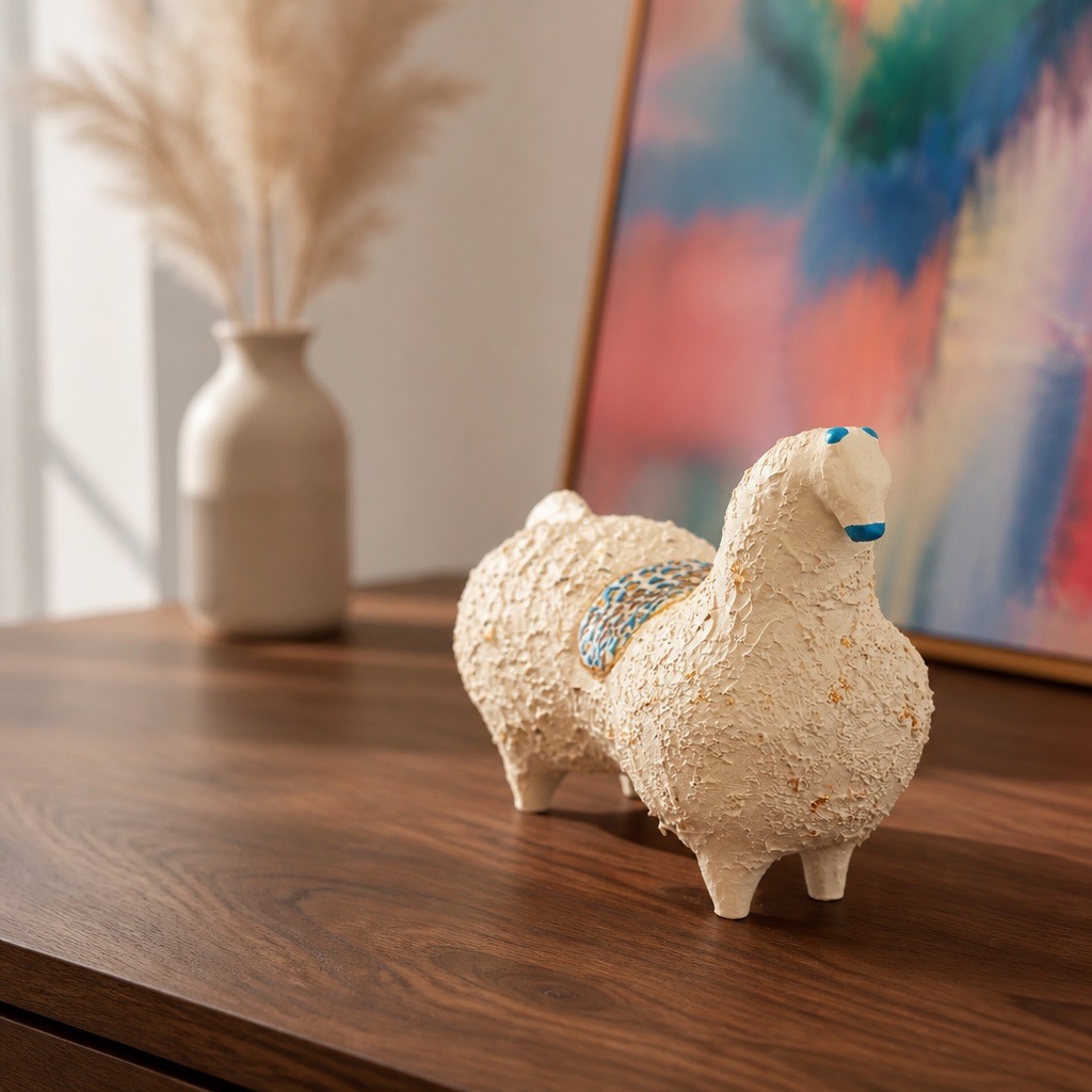 Sculpture cheval perse en céramique. Pièce artisanale unique blanc texturé, bleu azur & or – Image 3