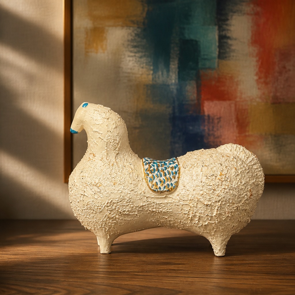 Sculpture cheval perse en céramique. Pièce artisanale unique blanc texturé, bleu azur & or – Image 7