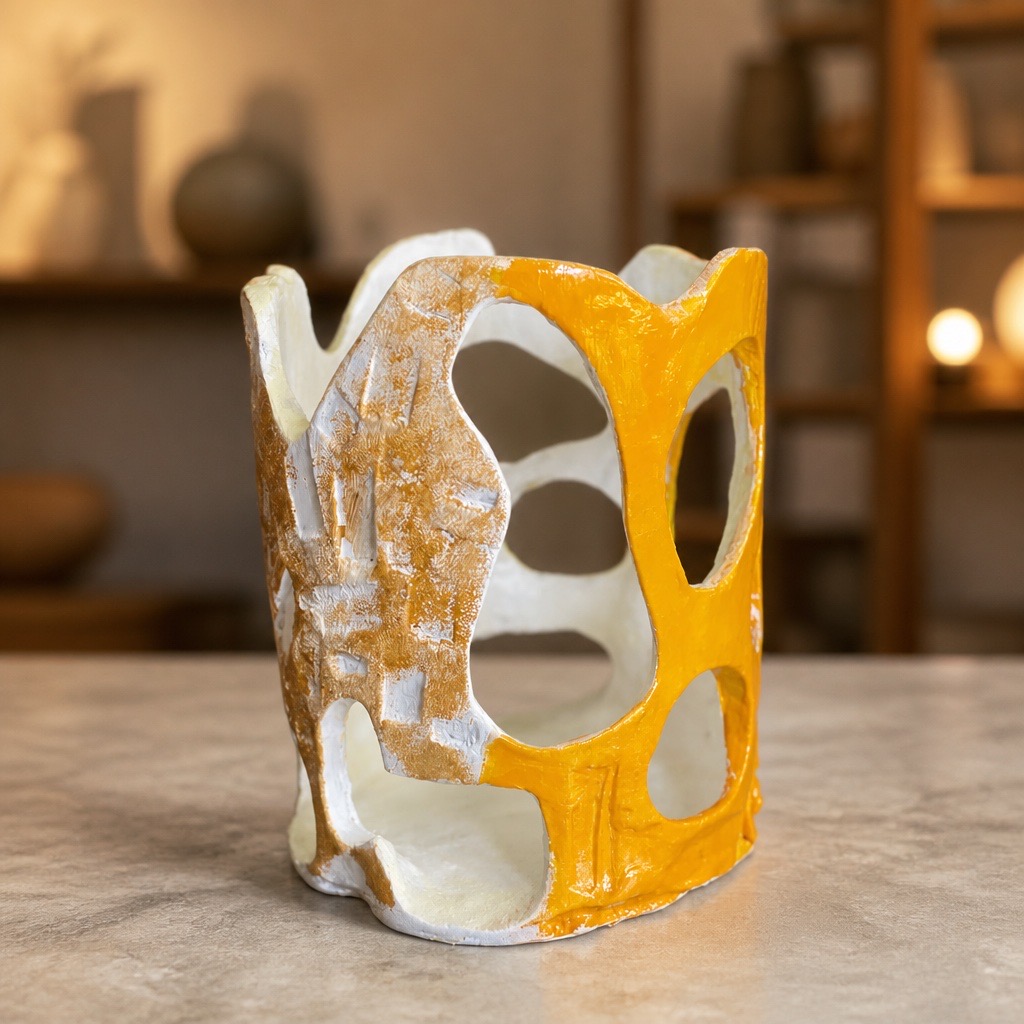 Sculpture en céramique artisanale ajourée. Photophore design fait main. Décoration artistique jaune, vert clair et blanc – Image 2