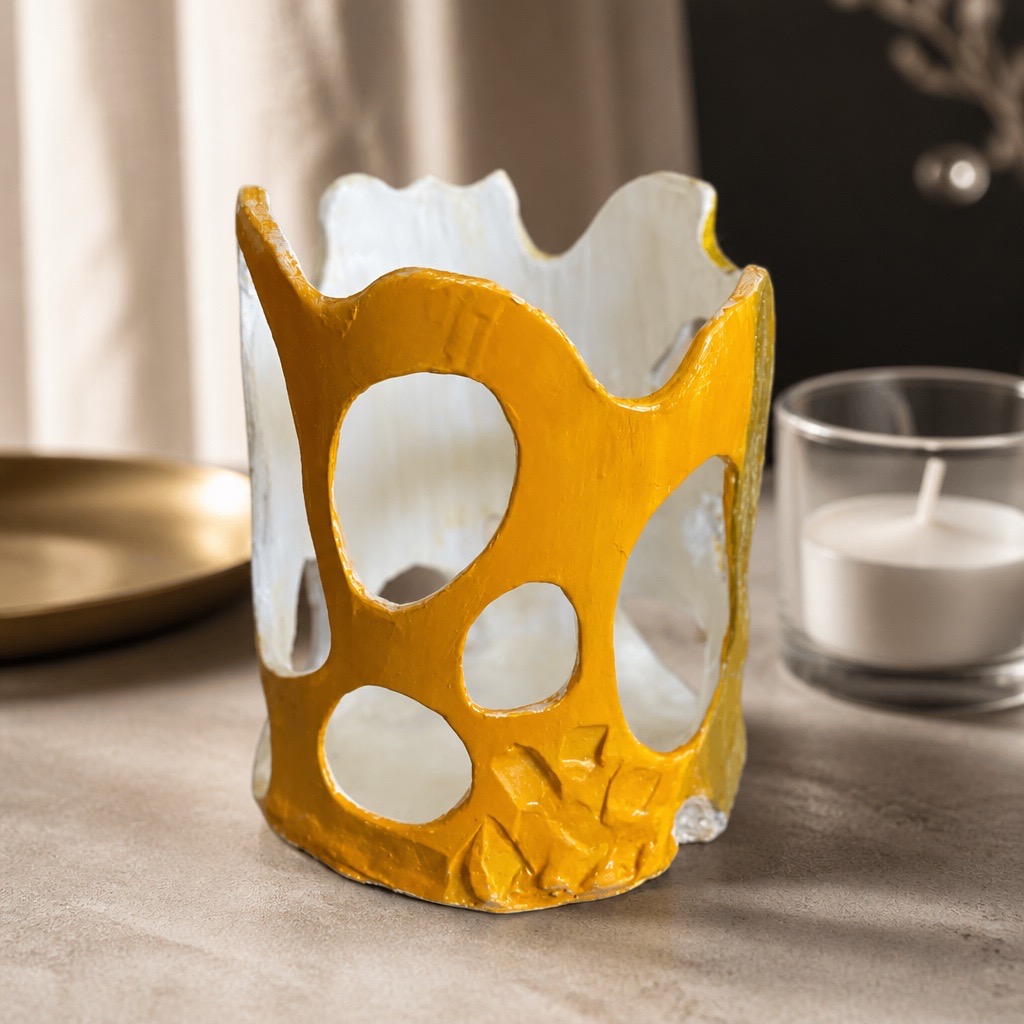 Sculpture en céramique artisanale ajourée. Photophore design fait main. Décoration artistique jaune, vert clair et blanc