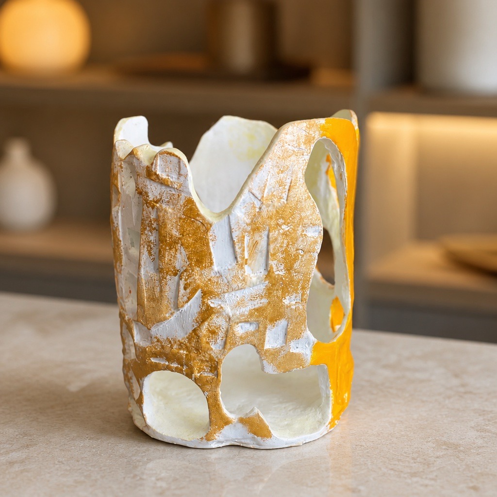 Sculpture en céramique artisanale ajourée. Photophore design fait main. Décoration artistique jaune, vert clair et blanc – Image 5