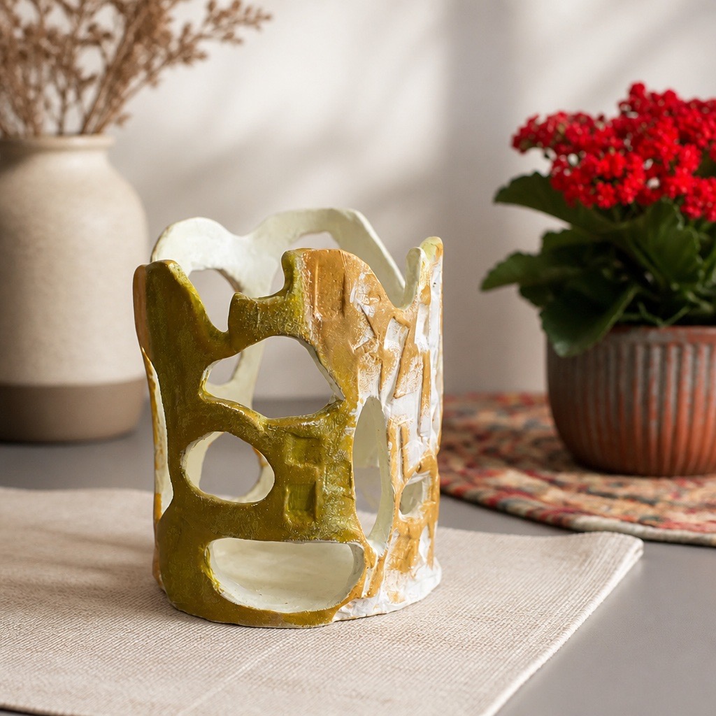 Sculpture en céramique artisanale ajourée. Photophore design fait main. Décoration artistique jaune, vert clair et blanc – Image 6