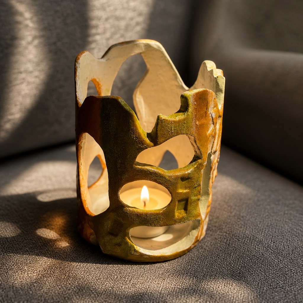 Sculpture en céramique artisanale ajourée. Photophore design fait main. Décoration artistique jaune, vert clair et blanc – Image 7