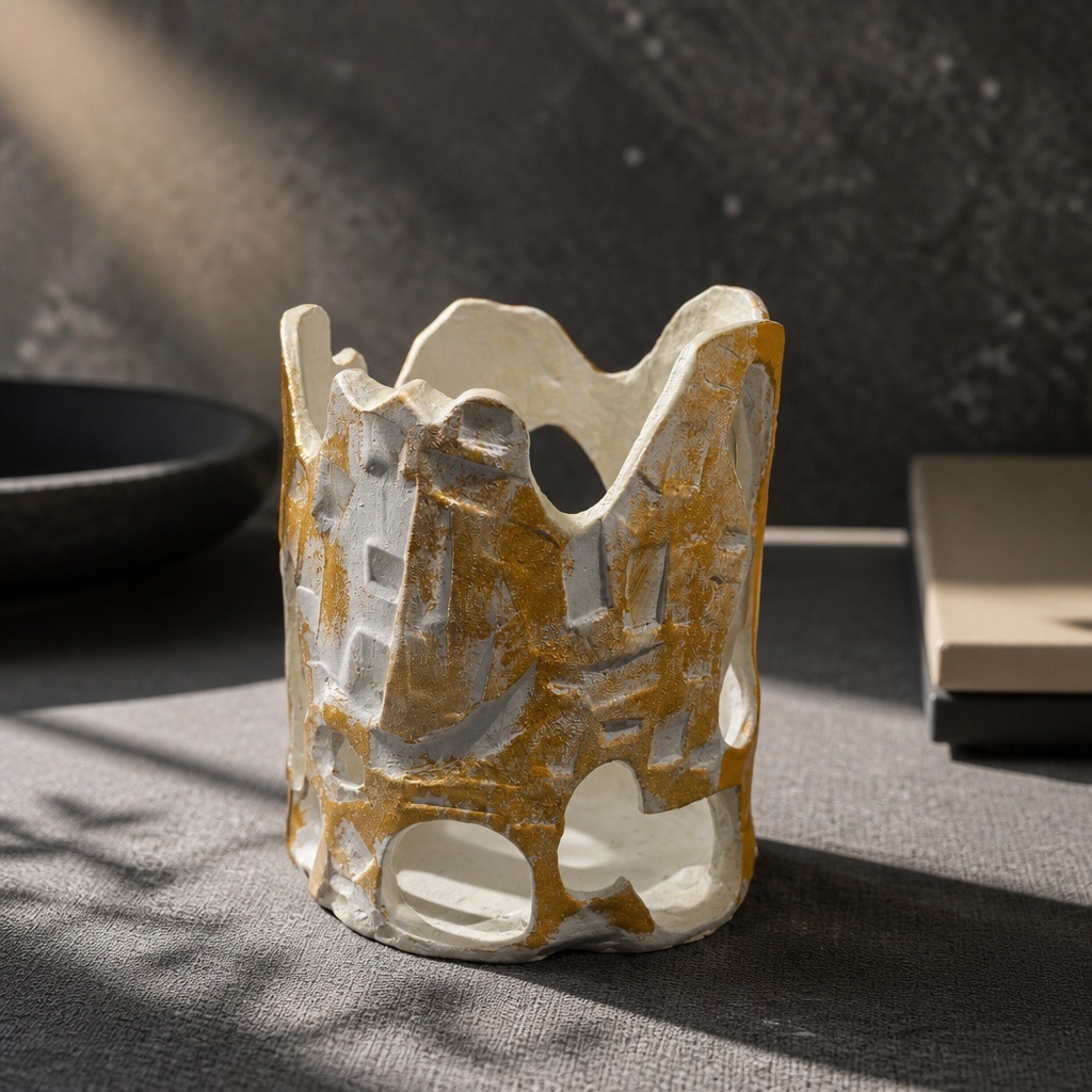 Sculpture en céramique artisanale ajourée. Photophore design fait main. Décoration artistique jaune, vert clair et blanc – Image 8