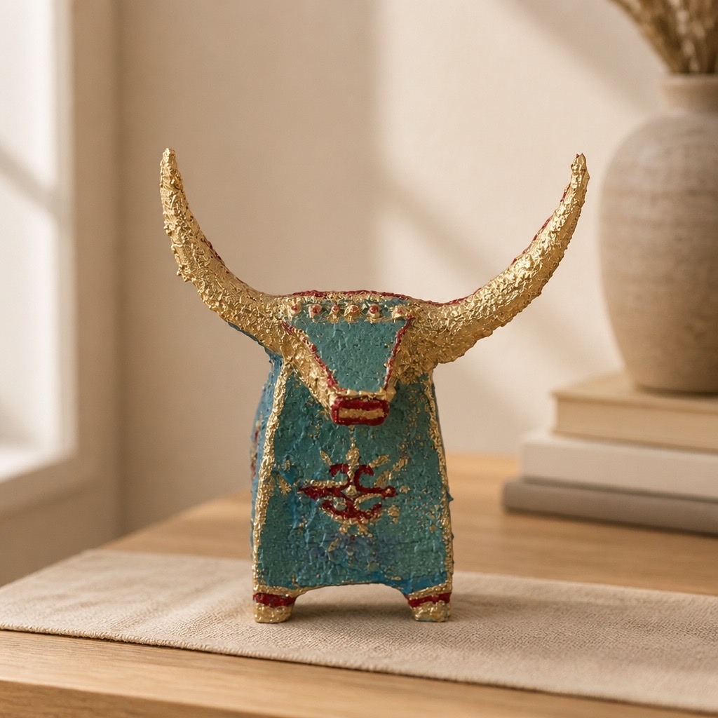 Sculpture céramique artisanale taureau doré. Objet d’art fait main. Décoration luxe texturée en relief – Image 5