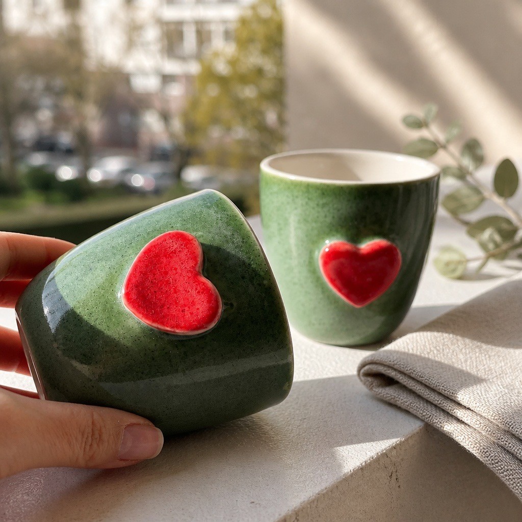 Deux tasses en céramique artisanale avec cœur fait main. Cadeau à votre moitié !