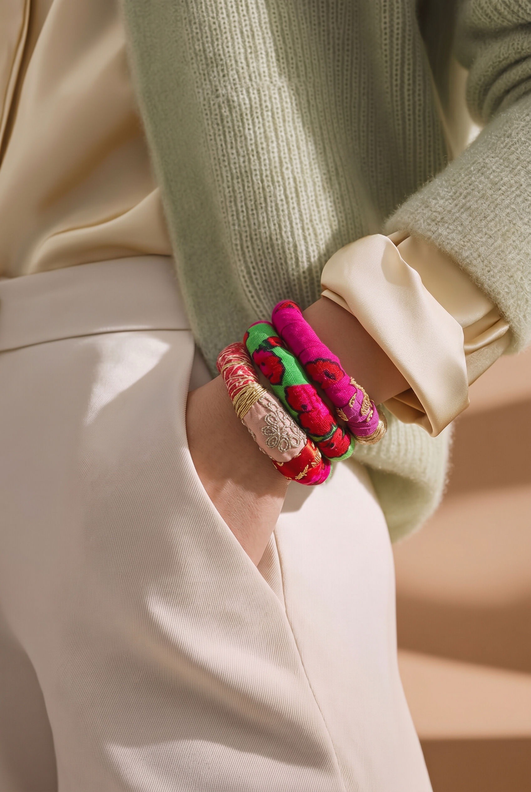 Trio de Bracelets Textile Artisanaux Bohème Chic en Tissus d’Orient – Image 3