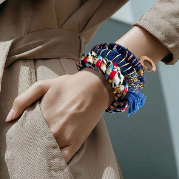 Bracelets Artisanaux Persans Faits Main – Trio Bohème en Tissu de Haute Qualité Bleu et Or